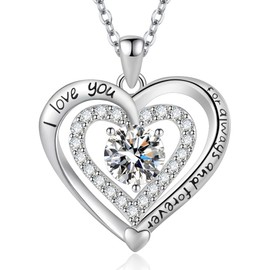Yaumatea Always and Forever Double Heart Necklace for Women, I Love You Necklace with Cubic Zirconia, Birthstone Available, Romantic Jewelry Gift for Wife, Mom, Daughter, Girlfriend, Perfect for Mother's Day, Anniversary, Birthday, Valentine's Day (Apr 0