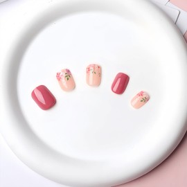 BFY Flower Press on Nails Short Square Fake Nails, Small Girl Pink White Flowers Acrylic Nails Kit, Spring Summer Nude Glossy Gel Manicure Stick on Nails Full Cover False Nail Tips 24Pcs