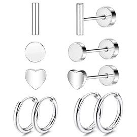 CHARIFIN Small hoop silver earrings stainless steel Flatback stud earrings pack Women Men 5 pairs, Stainless Steel Cubic Zirconia, Cubic Zirconia