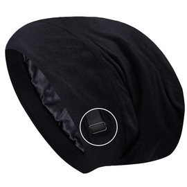 Ingeware Extra Large Satin Silky Hair Wrap for Sleeping, Satin Lined Hair Bonnet Sleep Cap Skull Caps for Curly Hair Protection for Women Men (Black)