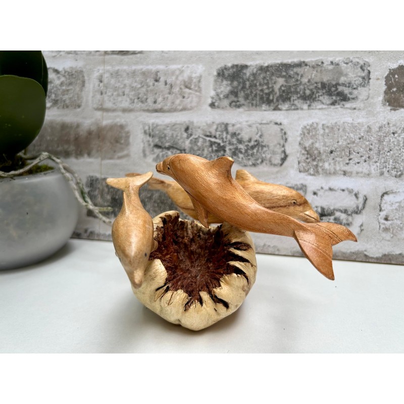 MAISONICA Dolphin Family Ornament Sculpture - Hand Carved Wooden Art