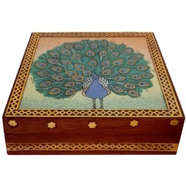 Purpledip Wooden Gemstone Painting Box Peacock: Collectible Souvenir Gift, 5 * 5 Inch (12522C)