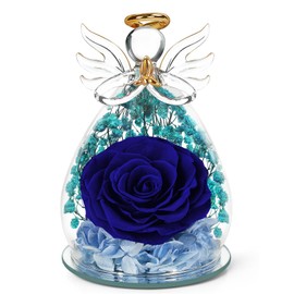 Gifts for Women Birthday Gifts for Mom Preserved Flower Rose in Glass Angel Figurines, Forever Flower Eternal Rose Angel Gift Mothers Day Flowers Gifts for Mom Wife Grandma Her Sister Daughter, Blue
