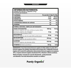 Purely Organics | Resveratrol Gold 1340 mg | Suplemento Antioxidante con Polifenoles, Licopeno, Betacaroteno y Vitamina C | 30 Cápsulas Veganas