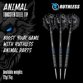 RUTHLESS | Animal Darts Set | Steel Tip | 90% Tungsten Barrel | Dart Flights and Stems Included | Available in Multiple Designs and Weights. (Wolf, 24g)