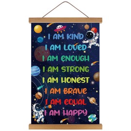 KAIRNE Positive Affirmations Wall Decor for Kid I Am Kind Inspirational Quotes Poster Canvas Space Astronauts Planets Decor for Boy's Bedroom Motivation Quotes Poster forr Nursery Playroom