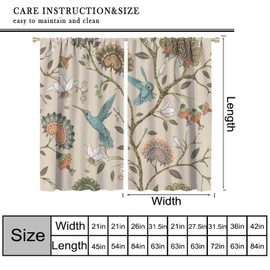 Boho Floral Curtain, Spring Unique Vintage Plant and Hummingbird Window Curtains for Living Room Bedroom 42" W X 45" L