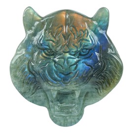 Lovionus89 Natural Labradorite Hand Carved Healing Crystal Sculpture Stone Statue with Hole for Chams Pendant DIY Tiger Head