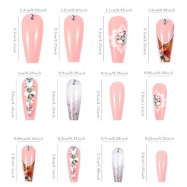 RUOKEXIN Long Nail Press ons Coffin Press on Nails Pink Fake Nails Glitter False Nails with Flower Designs Full Cover Glue on Nails Sparkly Artificial Nails Cute Stick on Nails for Women 24Pcs