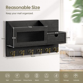 FifthQuarter Key and Mail Holder for Wall, Mail Organizer Wall Mount with 6 Hooks and Storage Drawer, Easy Installation Key Rack for Entryway and Home Decor (B-Black)
