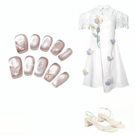 TUGE NAIL Blossom Serie SCT0CLMFBA Nägel zum Aufdrücken, Katzenaugen-Effekt, französische Spitze, C lang (19 mm) (Frühling, M, Standardgröße)