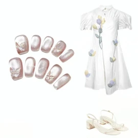 TUGE NAIL Blossom Serie SCT0CLMFBA Nägel zum Aufdrücken, Katzenaugen-Effekt, französische Spitze, C lang (19 mm) (Frühling, M, Standardgröße)