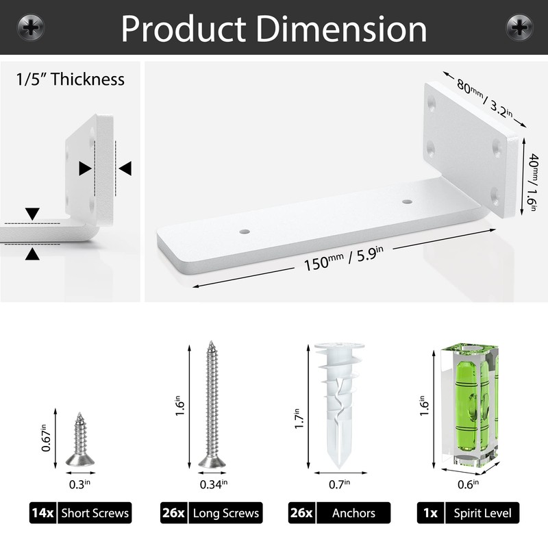 Heavy Duty Shelf Brackets 6 inch (1/5") Thick, 6 Pack