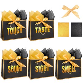 WOEUROI 5 Senses Gift Bags for Him, Sight Smell Touch Taste Sound Gift Bags with Ribbon Handles Tissue Paper for Birthday, Mothers Day, Anniversary, Christmas,Valentine's Day (black)