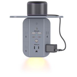 Wall Outlet Extender with Shelf and Night Light, Surge Protector, USB Wall Charger with 5 AC Outlets and 2 USB A Ports 2 USB C Ports Wide Space 3-Sided Power Strip Multi Plug Outlets, Gray