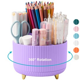 Lolocor 360 Rotating Plastic Desk Pen Organizer with 5 Slots, Dual-Purpose Art Supply Pencil Cup for Office, School, Home Light Purple