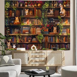 Accnicc Plant Cat Bookshelf Tapestry Botanical Floral Flower Cats Book Tapestries Wall Hanging Vintage Library Small Tapestry for Bedroom Living Room Dorm 60 x 44 inch