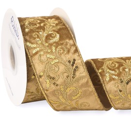 Ribbli Gold Luxe Velvet Wired Ribbon with Embroidery Design 2.5 Inch Christmas Ribbon for Gift Wrapping Christmas Tree Decoration Crafts Wreaths Supplies-Continuous 5 Yards