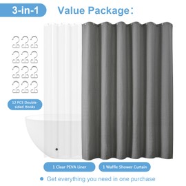 FY&XZH 3 in 1 Waffle Shower Curtain Set, Waffle Fabric Shower Curtain with Waterproof PEVA Liner and 12 Stainless Steel Double Sided Shower Curtain Hooks, Waffle Weave Curtain, 72"x72"（Grey）