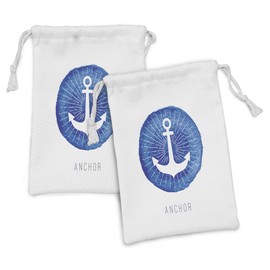 Lunarable Nautical Fabric Pouch Set of 2, Symbolic down Anchor Hooks to Seabed Bottom Journey Sign Marine Print, Small Drawstring Bag for Toiletries Masks and Favors, 9" x 6", Royal Blue White