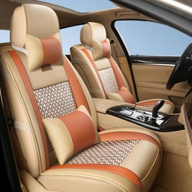 FREESOO Car Seat Cover, Leather Seat Covers Full Set Classic Breathable Padded Automotive Seat Protector Most Sedan SUV Truck Universal with Pillows (Khaki Orange)