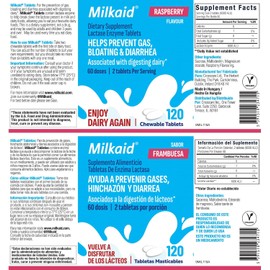 Milkaid Lactase Enzyme Chewable Tablets for Lactose Intolerance Relief, Prevents Gas, Bloating & Diarrhoea, Gluten Free & Vegan, Rasberry, 120 Count