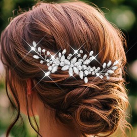 Evlry Braut Hochzeit Haarkamm Silber Kristall Kopfschmuck Strass Blume Hochzeit Haarschmuck für Damen und Mädchen