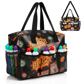 Bingo Bag with Pockets for Bingo Daubers Dabbers Dobbers Dotters Water Resistant Bingo Game Accessories for Adults and Seniors Portable Storage for Casino Bingo Supplies (PU Black)
