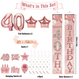 Crenics Rose Gold 40th Birthday Decorations for Women - 1985 Birthday Backdrop, 40th Birthday Door Banner, Sash, Swirls, Banner and Balloons for 1985 40 Birthday Party Supplies