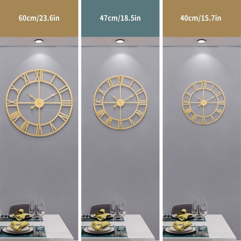 LEIKE Large Modern Wall Clocks,18" Gold Metal,Rustic,Round,Silent Non Ticking,Battery Operated