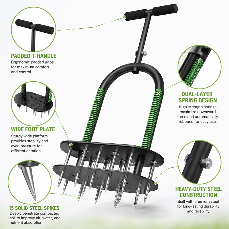 Manual Lawn Aerator for Soil Care – 15-Spike Adjustable Yard