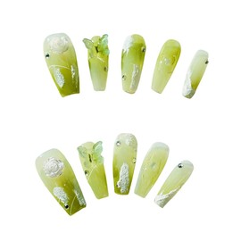 Handmade Nail Tip Medium Long Ballerina False Nail Grass Green Butterfly Flowers Popular Fashionable 3D Rhinestone Cute Design Fauxiliary Nail Set of 10 (Flower Green, S)