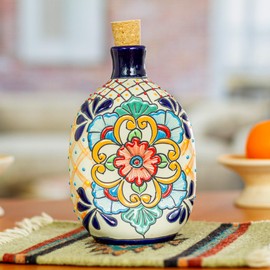 NOVICA Artisan Handmade Ceramic Tequila Decanter Oval Multicolor Talavera Style Mexico Tableware Drinkware Pitchers Decanters Floral [decanter 7.5in H x 4.5in W x 3in D Capacity 20 Oz.] ' Floral