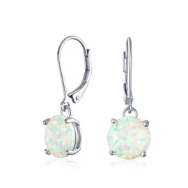 Simple Round Solitaire White Created Opal Lever back Drop Dangle Earrings For Women Sterling Silver October Birthstone