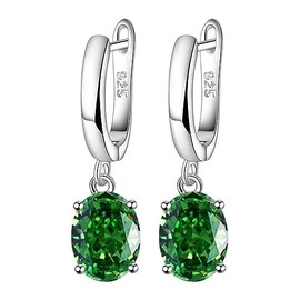GLESOS Lightweight Oval-Shaped Drop/Dangle Huggie Birthstone Earrings,18K White Gold Plated Wathet Green CZ crystal earrings for Women