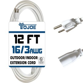 YOJOE Indoor Outdoor Extension Cord, 3 Prong 13A Weatherproof Power Cord, 16 Gauge Heavy Duty 12 ft White Extension Cord for Garage, Garden and Home, 16/3 SJTW UL Listed