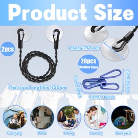 Travel Washing Line, 2 PCS 1.5M Portabel Camping Washing Line with 20 PCS Random Color Clips, Clothes Line for Indoor Outdoor Travel Camping Use