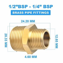 ERGAOBOY 2 Pcs 1/2" BSP Male Thread - 1/4" BSP Male Thread Brass Reducer Hex Nipple Connector Pipe Fittings