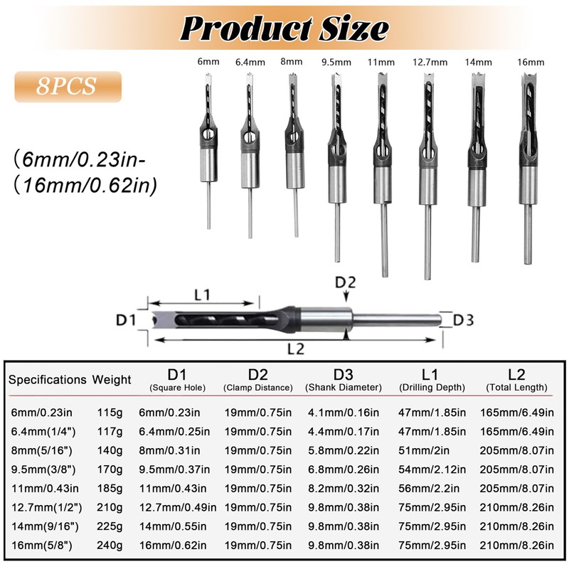 Square Hole Drill Wood, 8 Pieces Woodworking Drill Bit 6/6.4/8/9.5/11/12.7/14/16