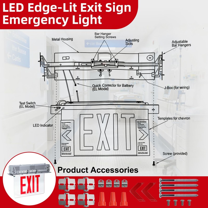 LED Exit Sign LED Edge-Lit Exit Sign Emergency Light, 120-347V,