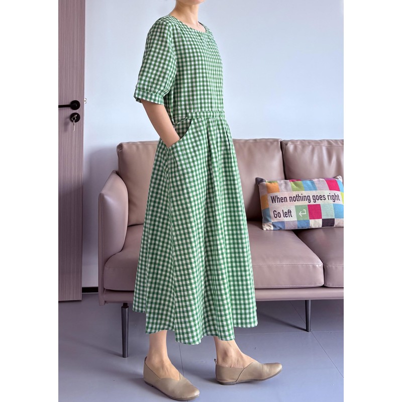 Minibee Women's Cotton Linen Dress Summer Short Sleeve Casual Plaid