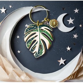 HAPPILY PLANTS Cute Monstera Deliciosa Keychain Charm, Plant Lady Gifts, Plant Accessories, Swiss Cheese Plant Lover Gifts for Women (Variegated Thai Constellation, Albo)