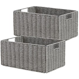 Vagusicc Storage Basket, Set of 2 Wicker Basket, Hand-Woven Paper Rope Storage Baskets for Organizing, Foldable Rectangular Cube Storage Organizer Bins Baskets for Shelves & Decor, Grey (Medium)