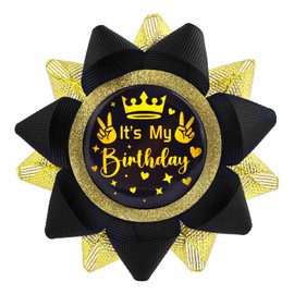 It's My Birthday Pin, Happy Birthday Button for Women Men Kids Black & Gold Grosgrain Ribbon Badge for Boys Girls Parties Decorations Gifts Costume Accessories