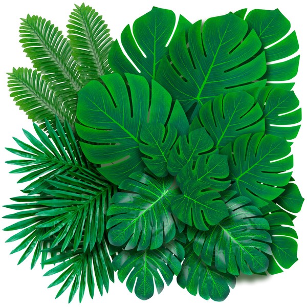 Decopom Artificial Palm Leaves 60-108 Pack - 6 Kinds Large Small Green Fake Palm Leaf with Stems for Safari Jungle Hawaiian Luau Party Table Decoration Wedding Birthday