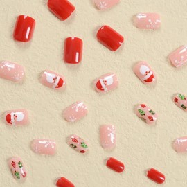 Christmas Press on Nails Short Square Winter Fake Nails Red Full Cover Santa Claus False Nails with White Snowflake Designs Glossy Glue on Nails Acrylic Manicure Artificial Nails for Women Girls 24Pcs