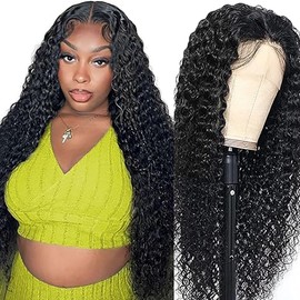 Shoaiye 13 x 4 Lace Front Real Hair Wig, Women's Deep Wave Human Hair Wig, Wear and Go Glueless Remy Pre-Plucked Natural Hairline, 150% Density, Natural Black Colour, for Woman, 51 cm/20 Inches