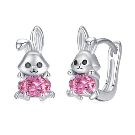 Rabbit Earrings Children's Hoop Earrings Silver 925 Blue Zirconia Rabbit Hoop Earrings, Girls Earrings, Diameter 10 mm, Folding Hoop Earrings for Women, Silver, pink