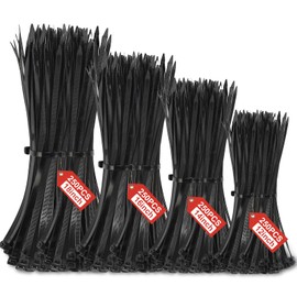 1000 PCS Zip Ties Assorted Sizes 12+14+16+18 Inch Heavy Duty 50 LBS Black Cable Ties, Self Locking Nylon, Indoor and Outdoor UV Resistant