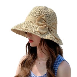 Womens Bowknot Straw Hat Outdoor Breathable Weave Straw Cap Foldable Floppy Fishermen Bucket Hat Summer Sun Protection Cap for Beach Travel Holiday Beige